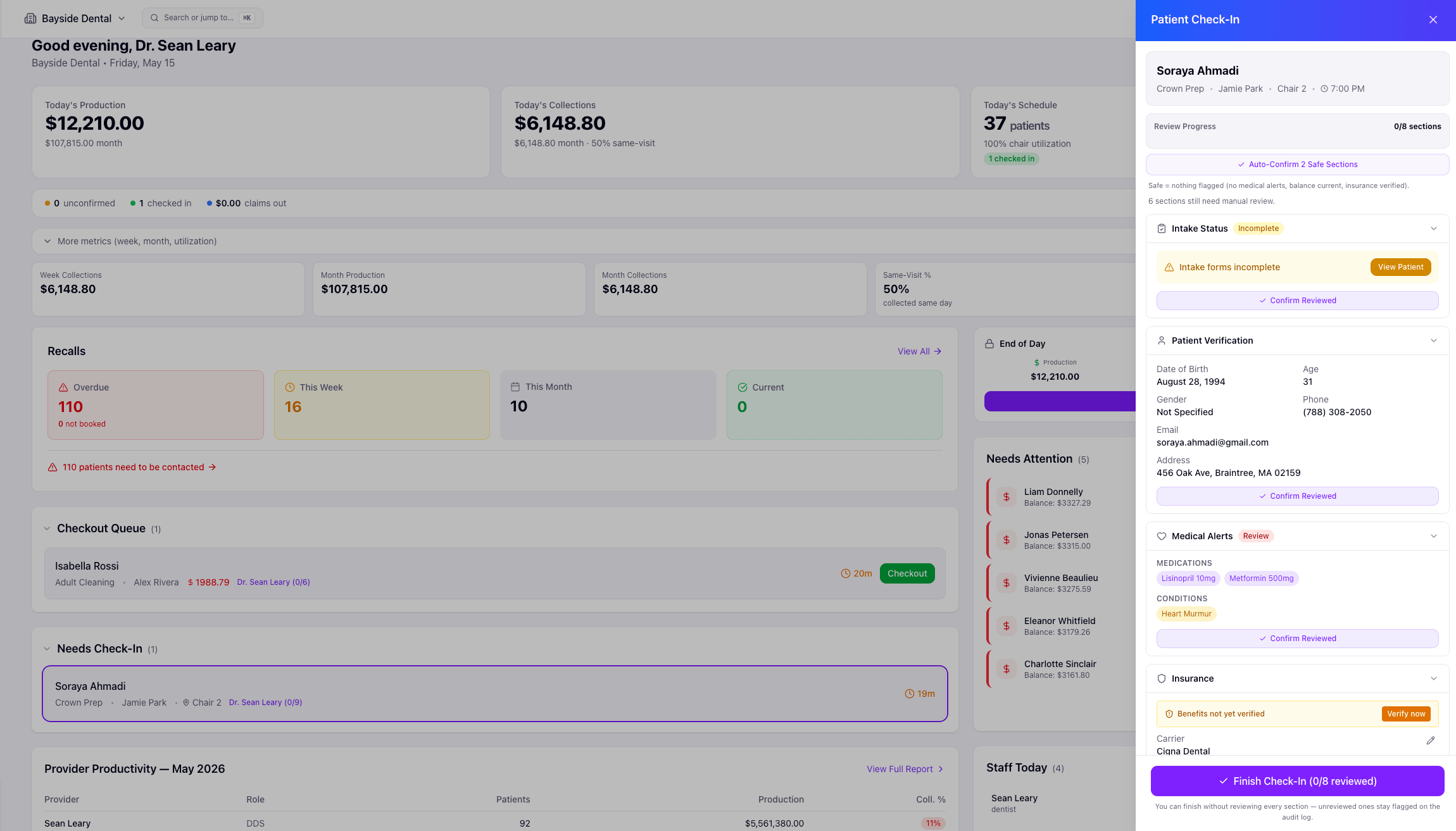 Patient check-in panel with insurance, intake, medical alerts, and consent in one screen