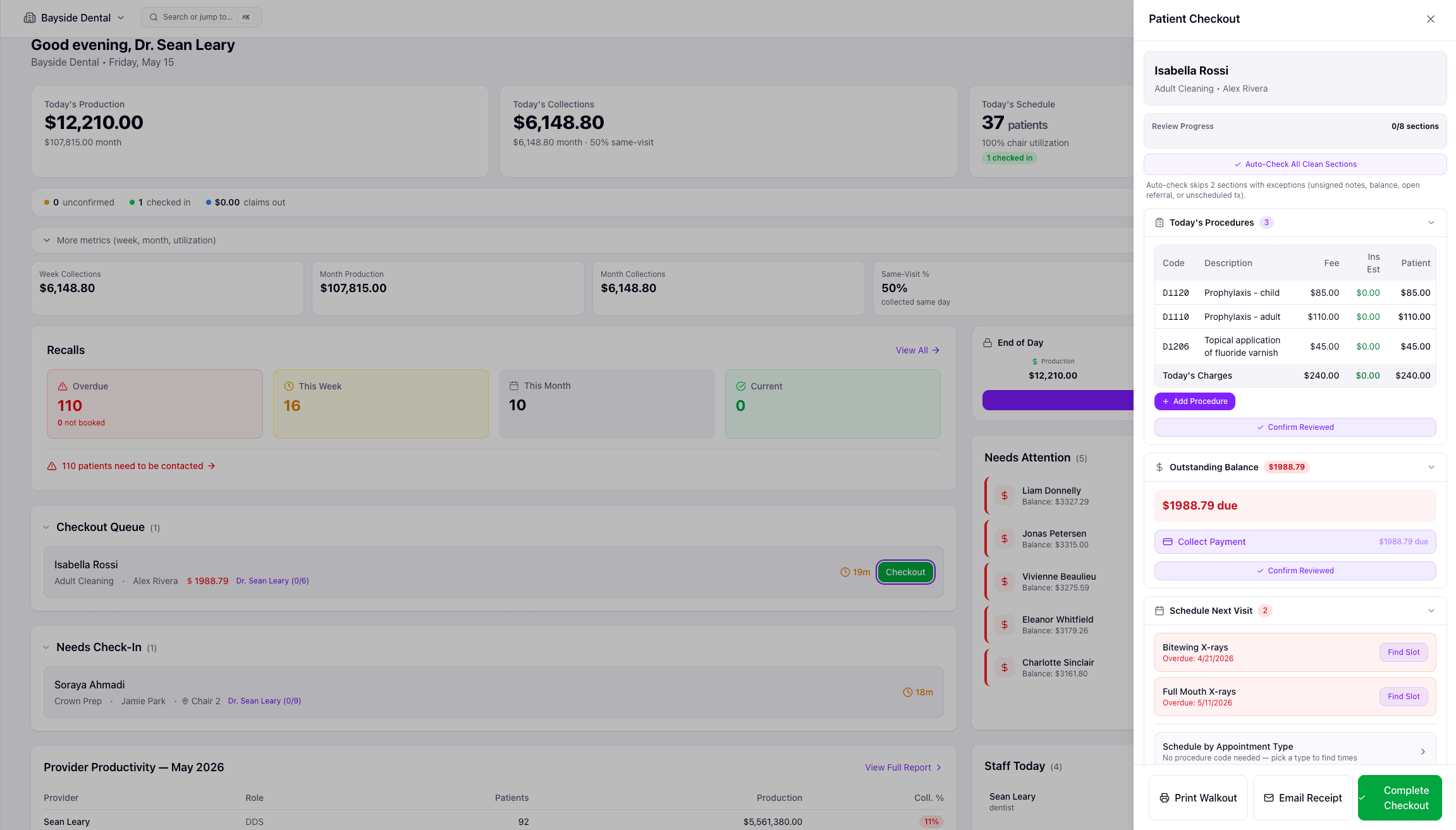 Patient checkout panel with charges, estimates, and payment collection