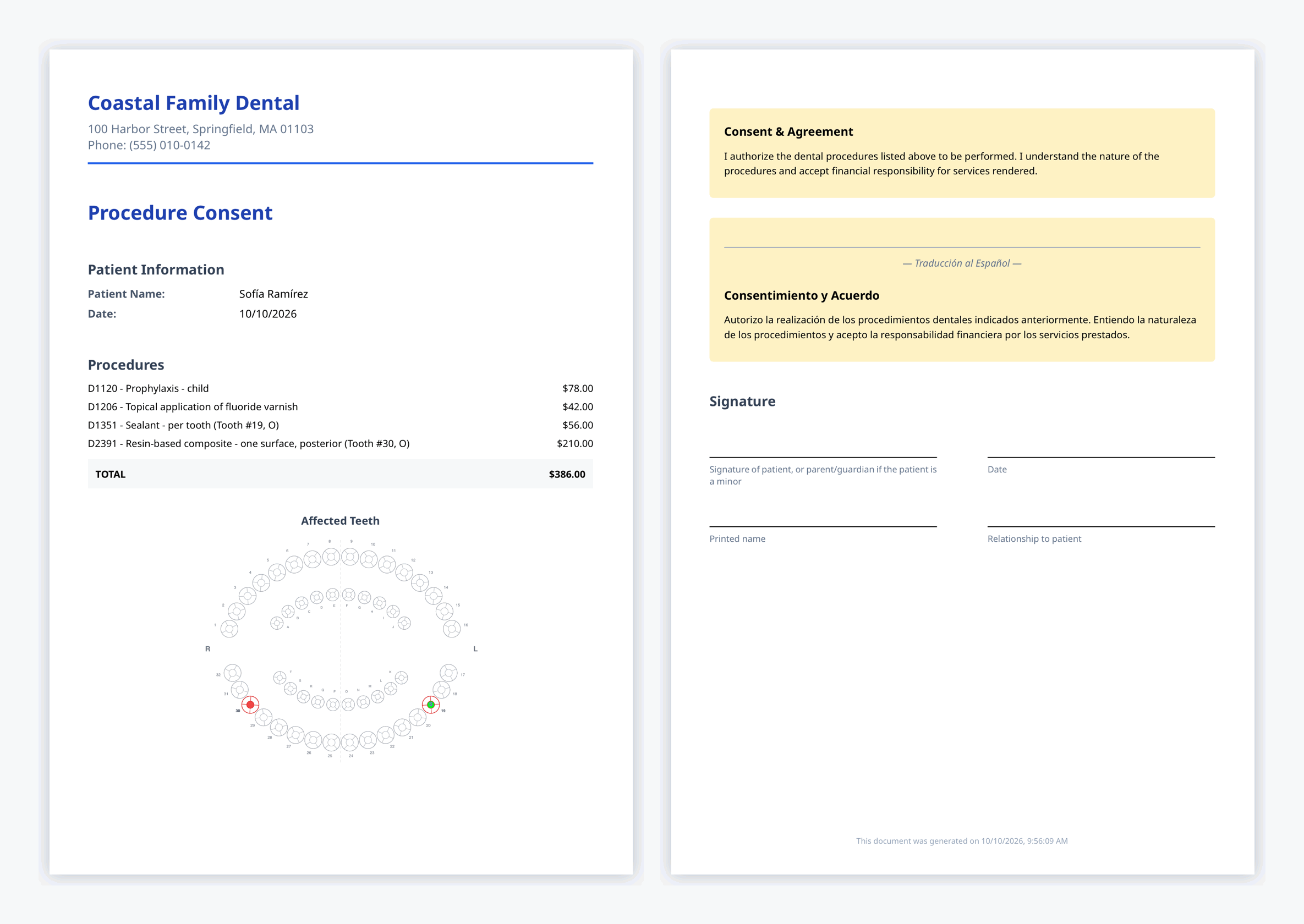 Two-page procedure consent: procedures, total and affected teeth, then the consent in English and in Spanish above the signature line