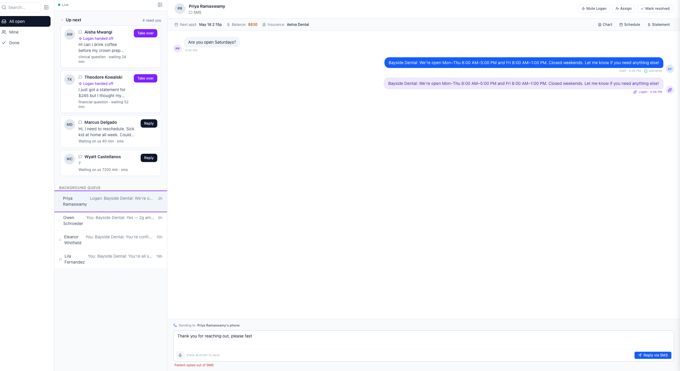 Organization-wide SMS inbox with Logan AI auto-replies and human routing