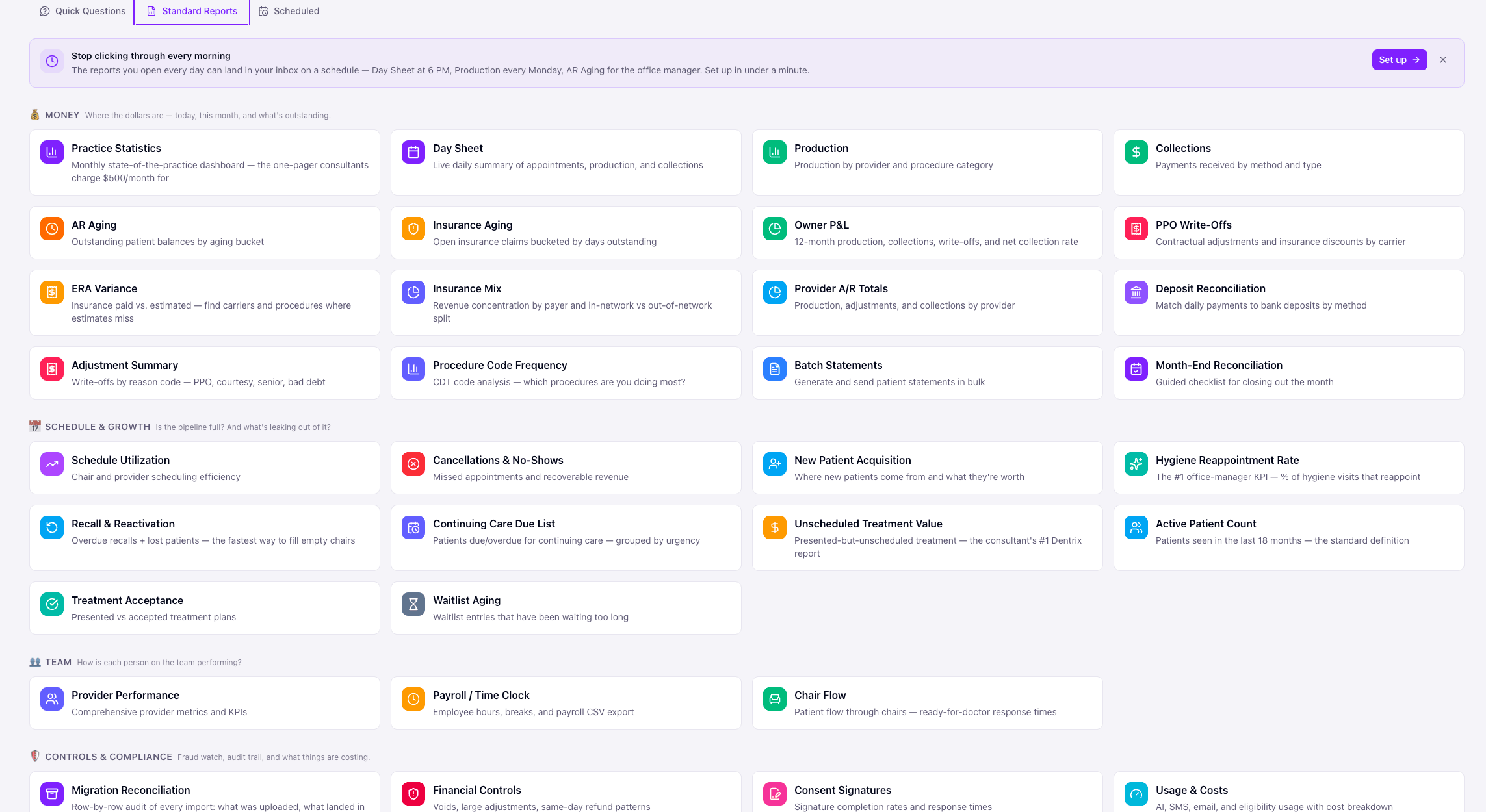 Reports index page with 35+ standard reports organized by money, schedule, team, and compliance